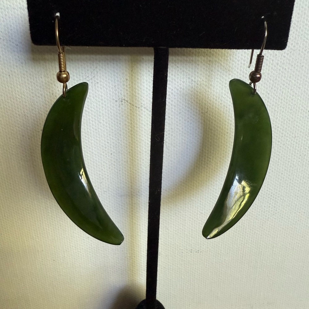 Jade Crescent Moon Earrings with Gold Hooks